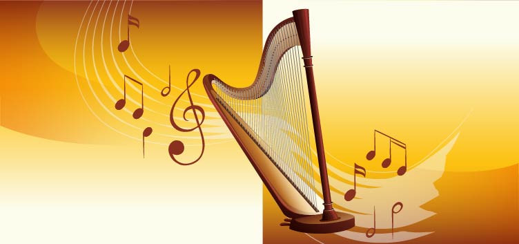 #ParaTodosLerem: Ilustração contendo tons variados nas cores amarela e laranja e notas musicais ao redor de uma harpa localizada ao centro.